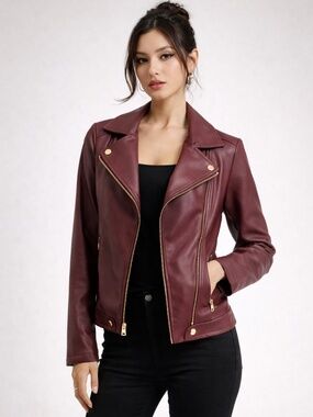 NWT Medium Marc New York Leather Jacket in burgundy with gold-tone hard